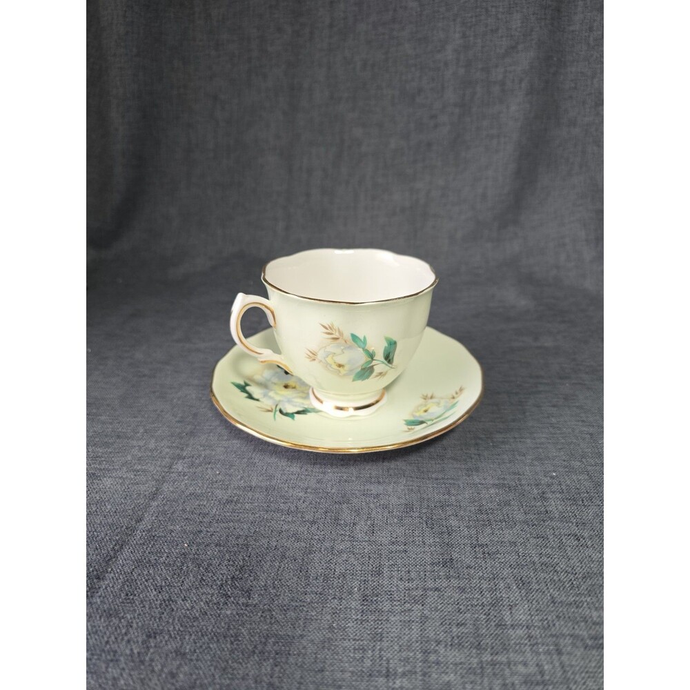 Colclough Cup and Saucer Green with White Roses Tea Coffee Cottagecore Cute